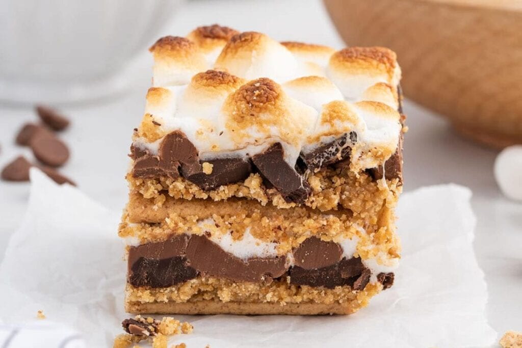 A slice of s'mores on a plate.
