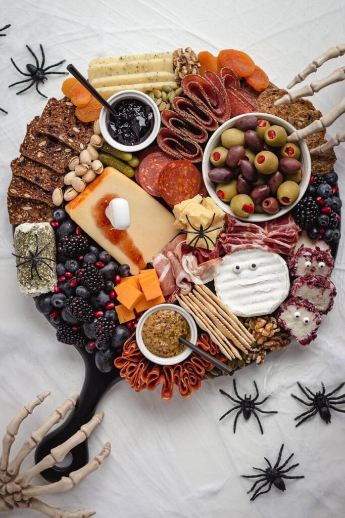 Halloween charcuterie board top shot.