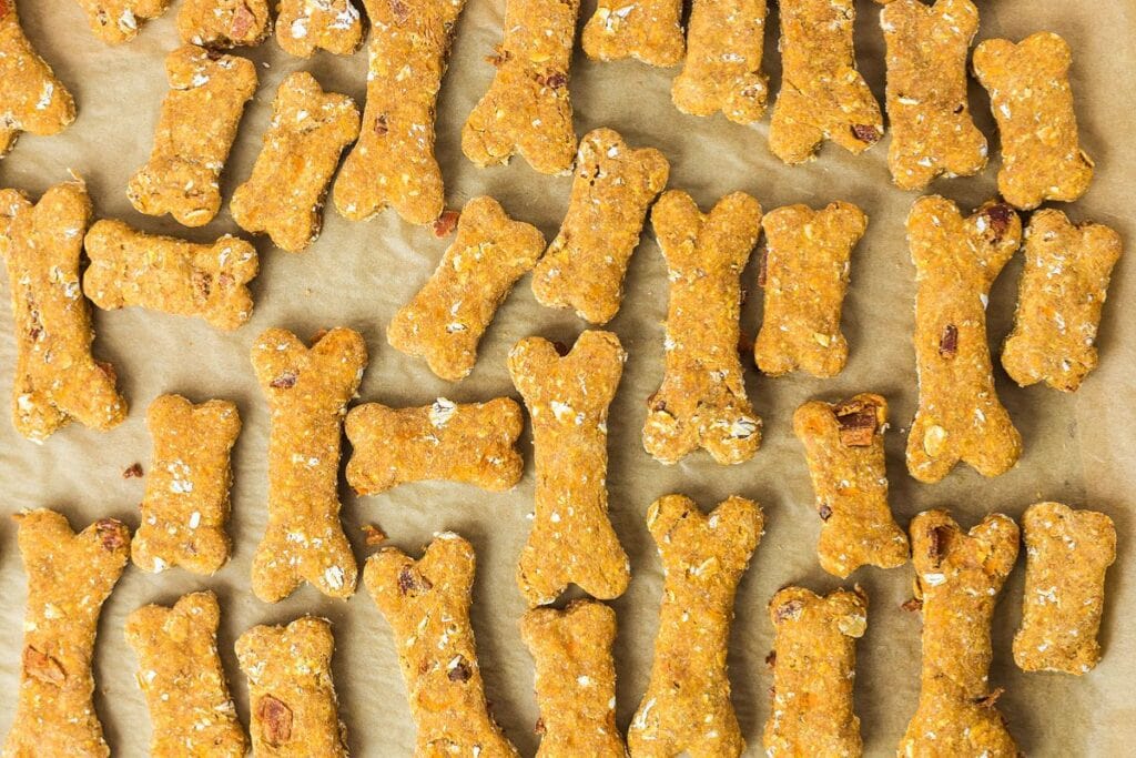 
A flat lay shows numerous homemade dog biscuits, shaped like bones, arranged on a sheet of light brown parchment paper. 