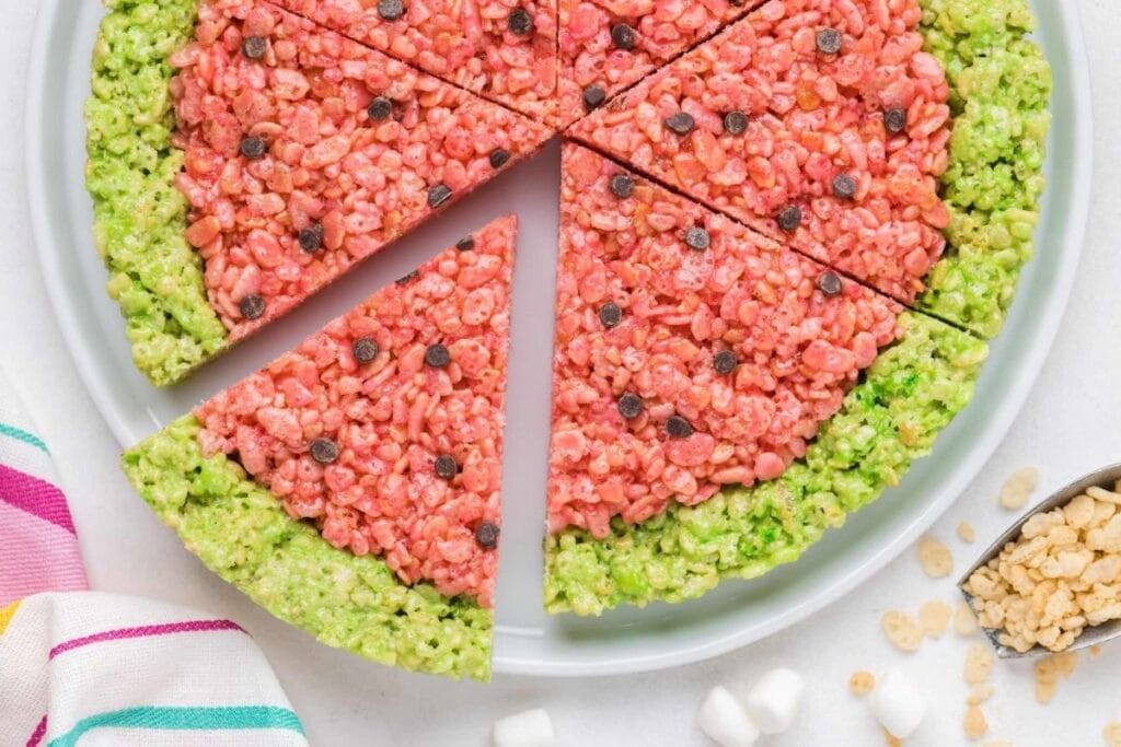 Watermelon rice krispie treats top shot.