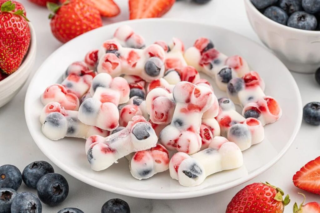White, bone-shaped frozen dog treats swirled with strawberries and blueberries on a plate.