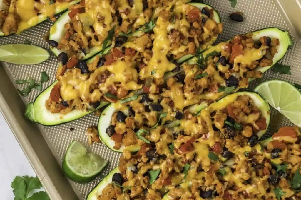 Zucchini taco boats with sliced limes.