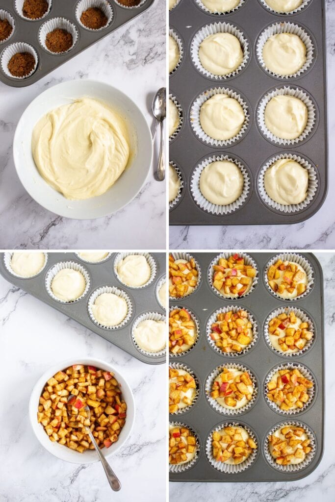 Cheesecake filling being poured into the graham crust-lined muffin cups.