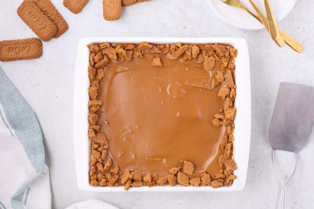 Biscoff icebox cake in a white square baking dish.