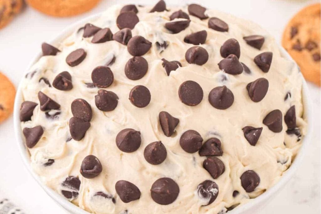 Cookie dough dip with chocolate chips in a bowl.