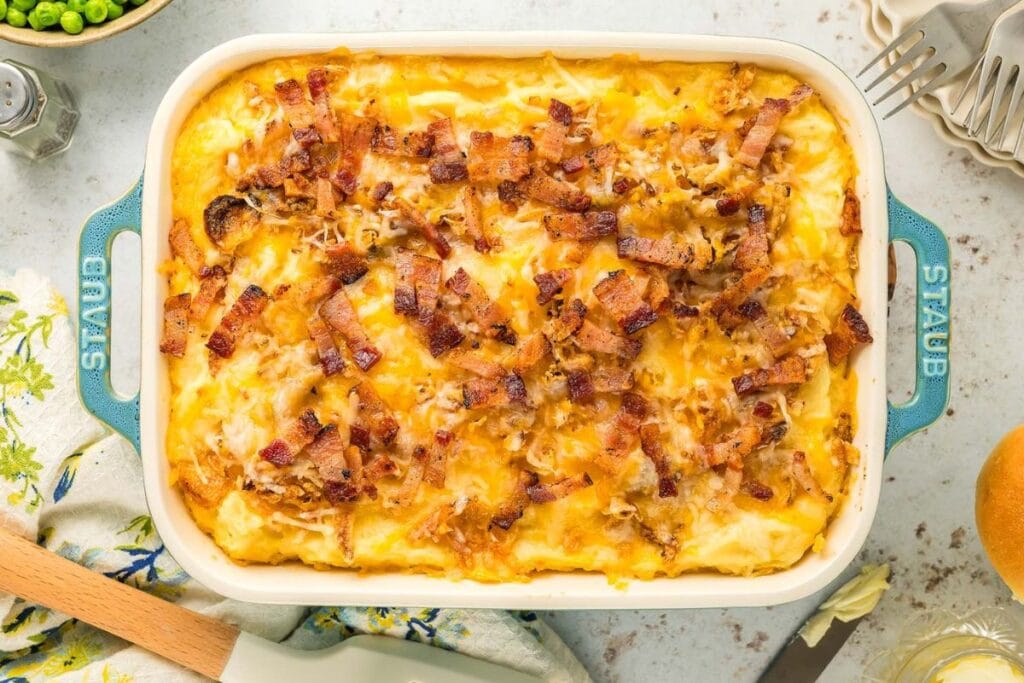 Cowboy Meatloaf Casserole in a rectangular baking dish.