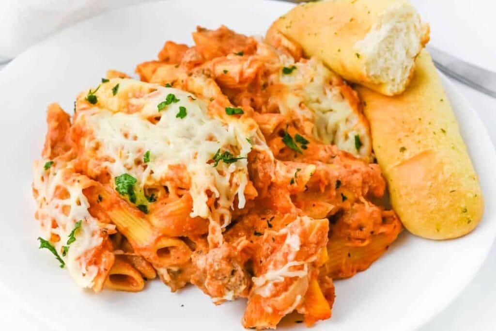 Crockpot baked ziti on a plate.
