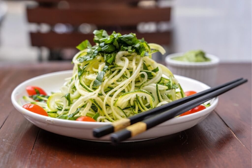 Cucumber noodle salad on a plate.