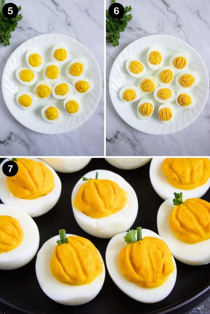 Collage of pumpkin deviled eggs being piped and decorated.