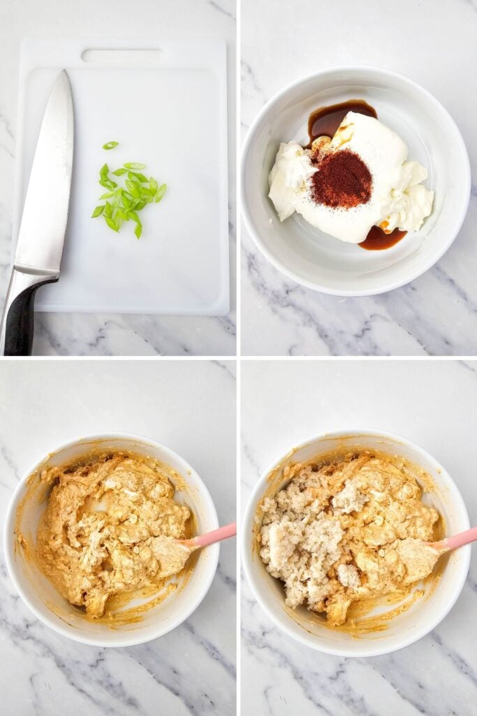 Mixing ingredients in a bowl for hot crab dip.
