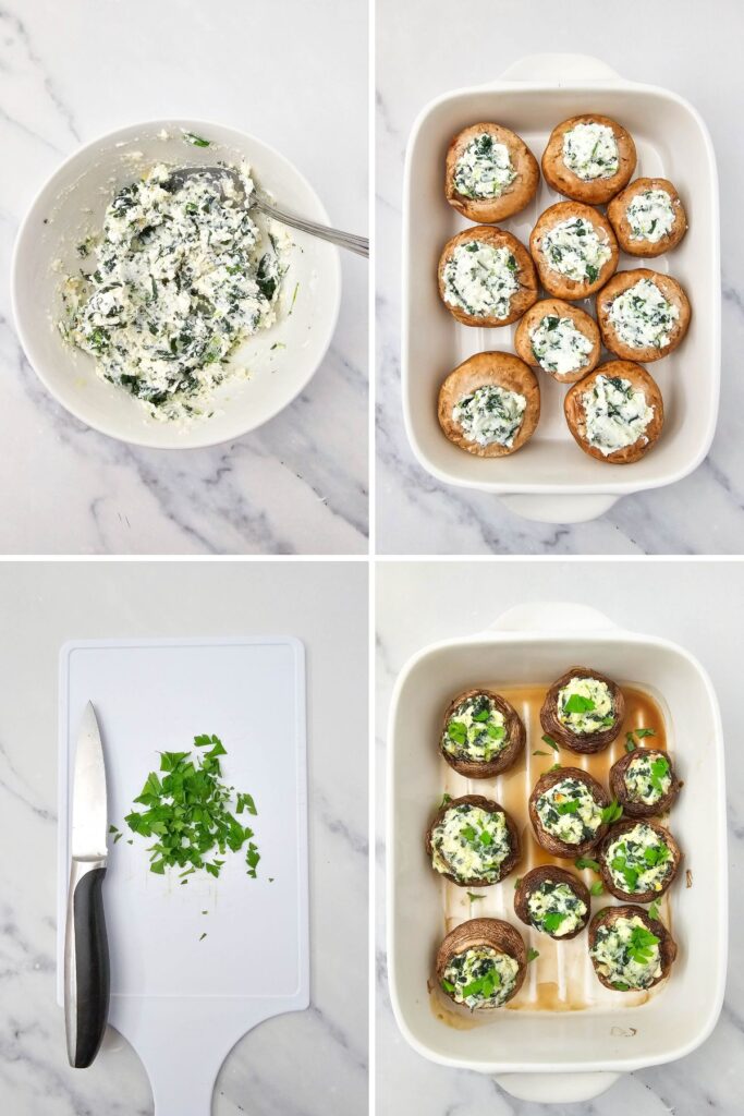 Stuffed mushrooms being prepared and baked with cheese filling and parsley garnish.