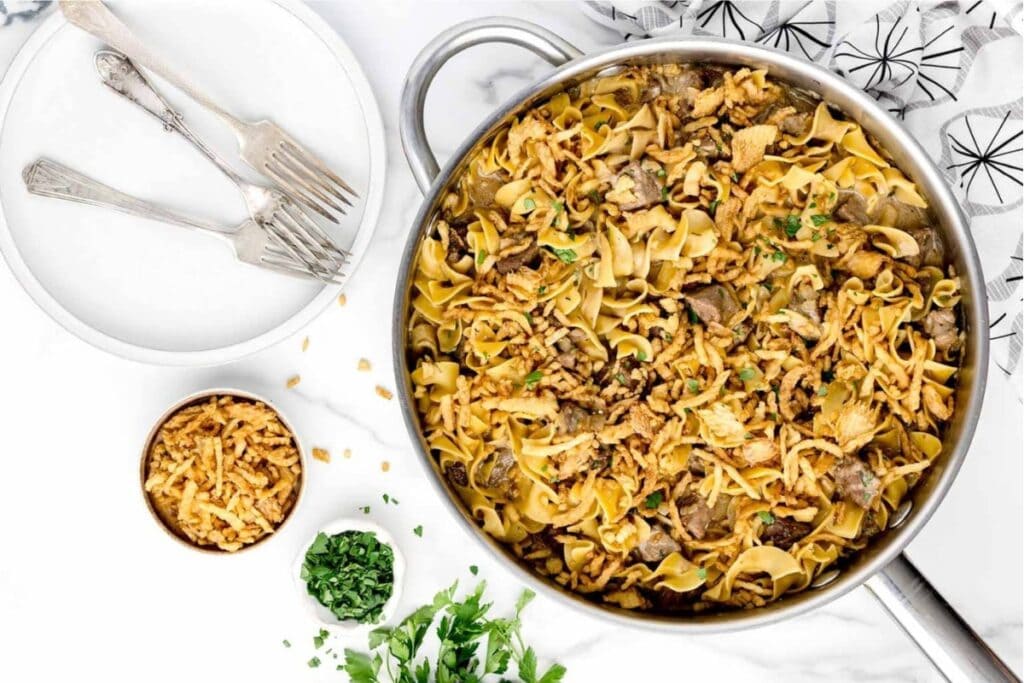 French onion beef noodles in a skillet.