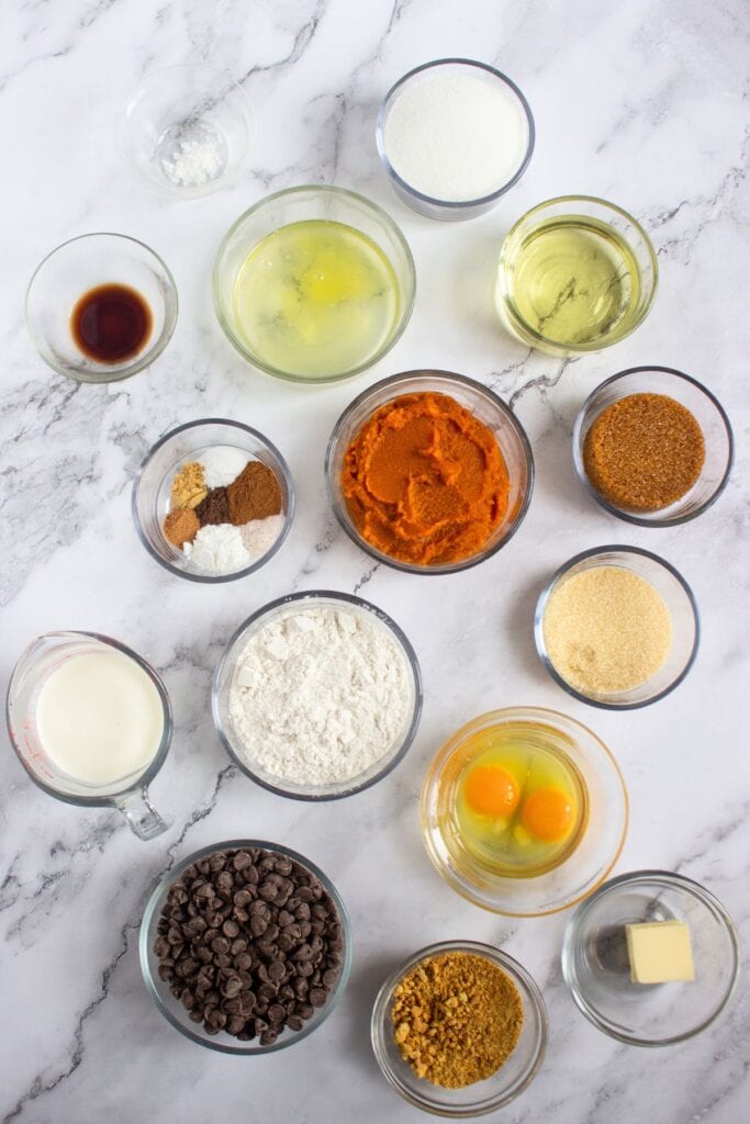 Ingredients laid out for homemade pumpkin s’mores cupcakes.