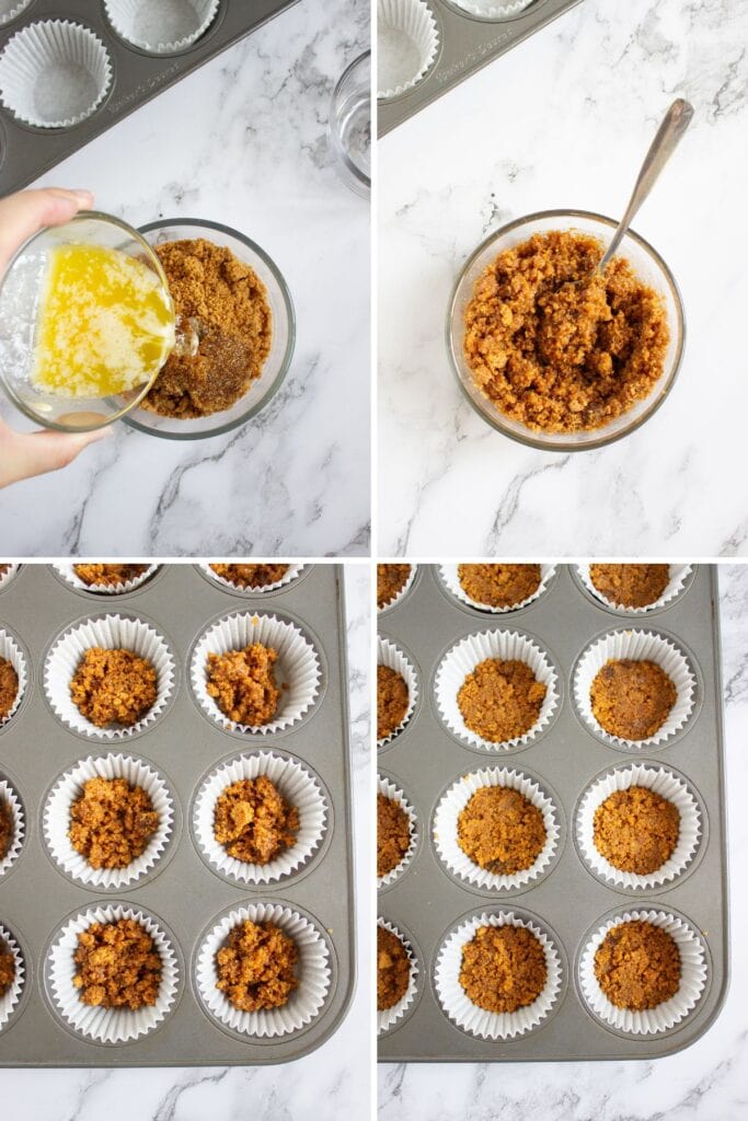 Melted butter poured over graham crumbs and placed in a liner inside a muffin pan.