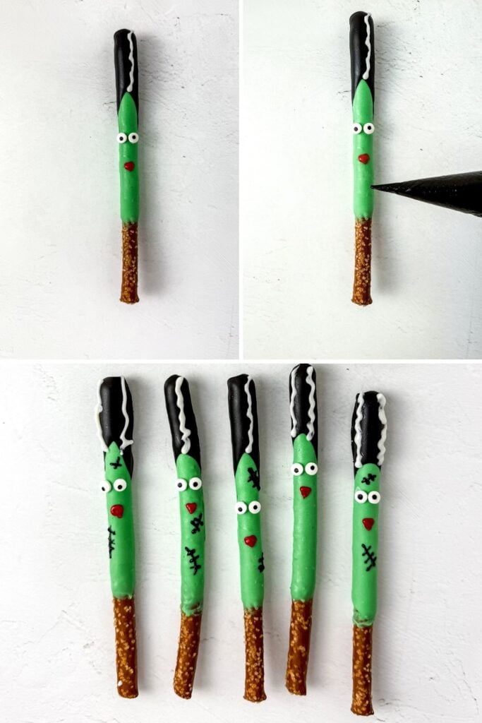 Bride of Frankenstein pretzel rods with green coating, candy eyes, and decorated hair and lips.