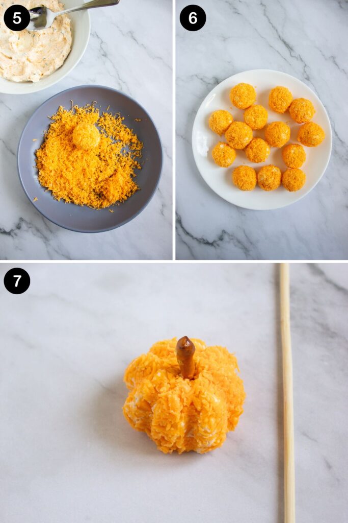 Step-by-step process of making a fall-themed pumpkin cheeseball.