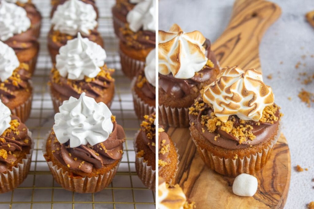 Finished pumpkin s’mores cupcakes topped with marshmallow frosting and graham cracker crumbs..