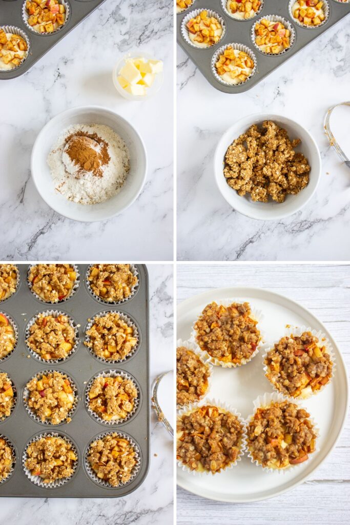 Crumble topping added on top of mini cheesecakes.