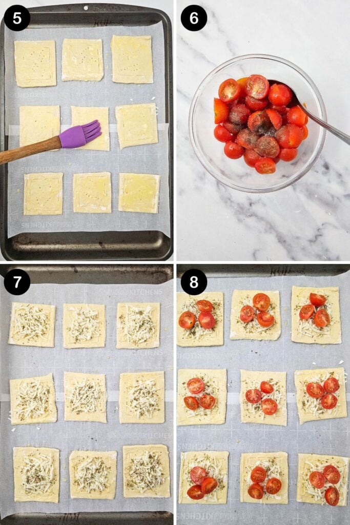 Adding tomatoes, cheese, and herbs to puff pastry.