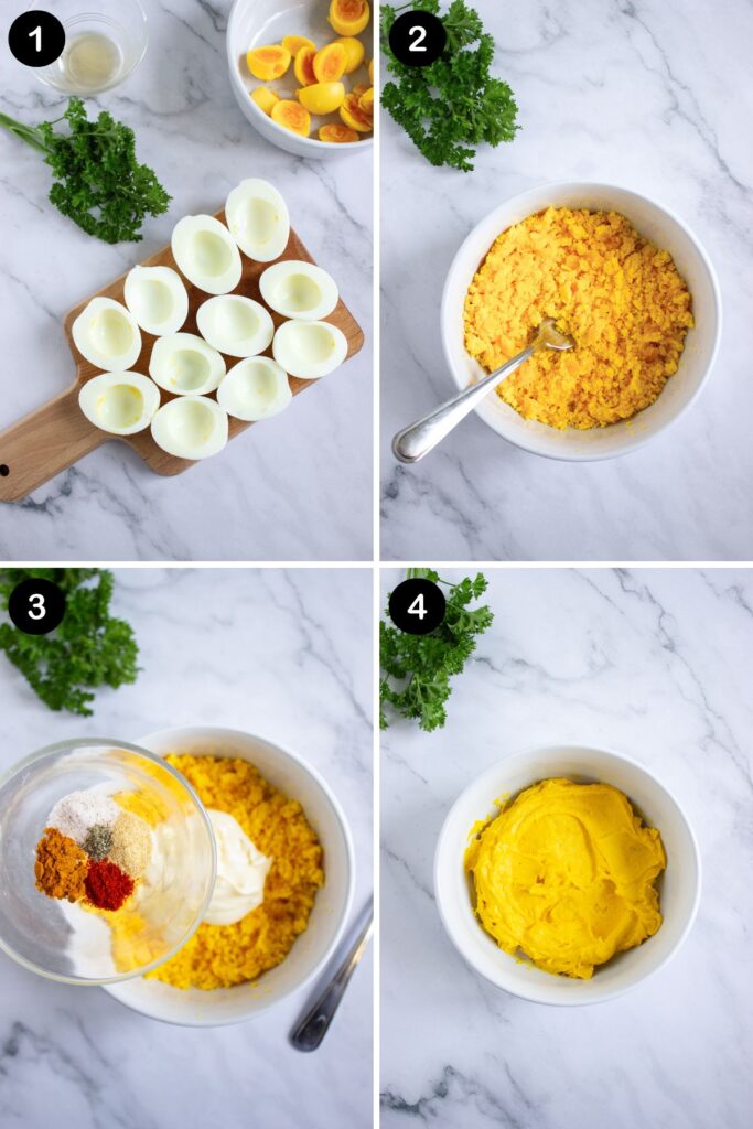 Four-step process for making pumpkin deviled eggs, from boiled eggs to smooth filling.