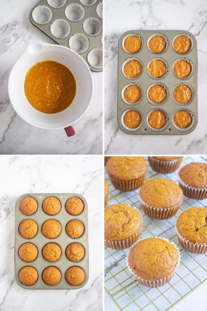Pumpkin cupcake batter in cupcake pan with finished cupcake shown.