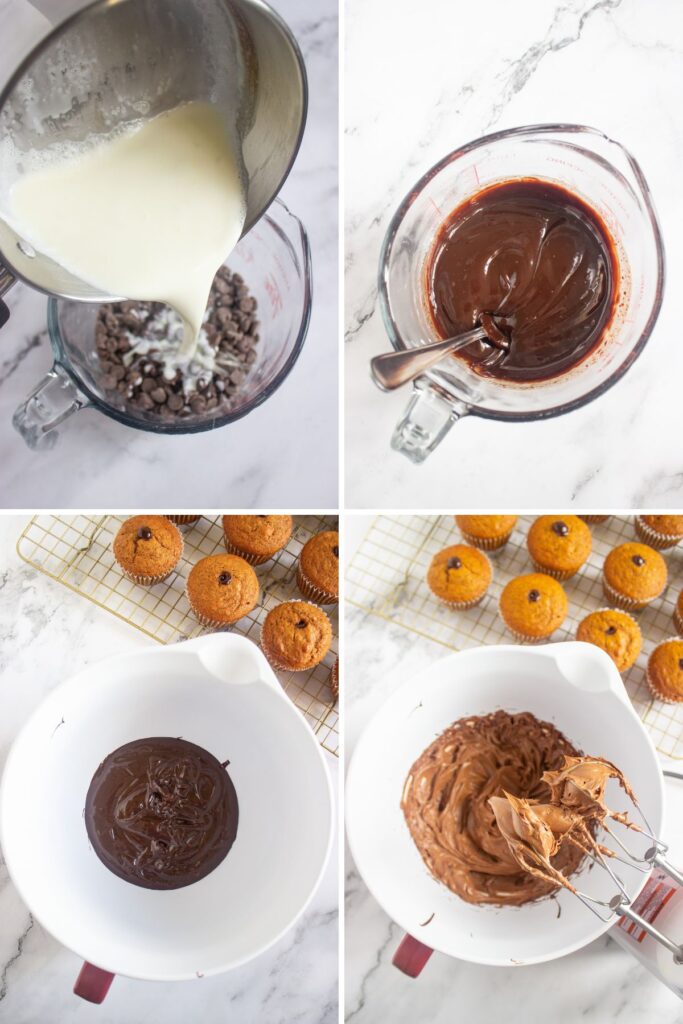 Making chocolate ganache to fill pumpkin cupcakes.