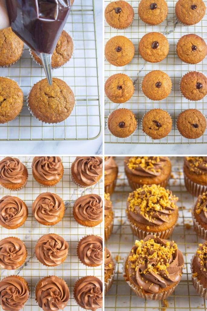 Assembling pumpkin s’mores cupcakes with filling, frosting, and topping.