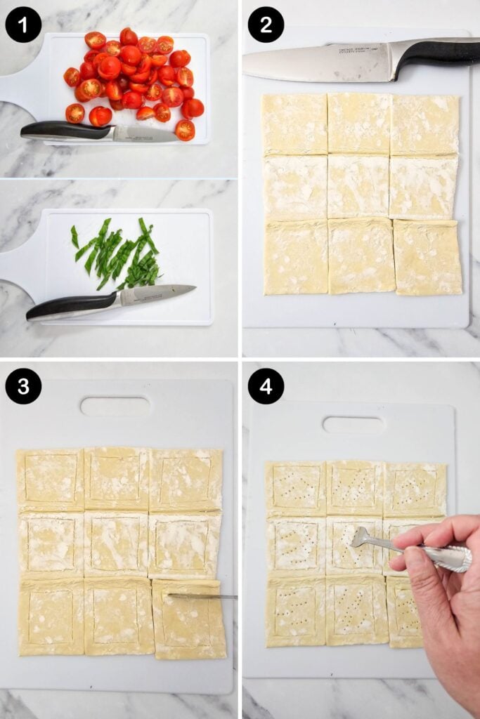 Slicing ingredients for puff pastry tomato tartlets.