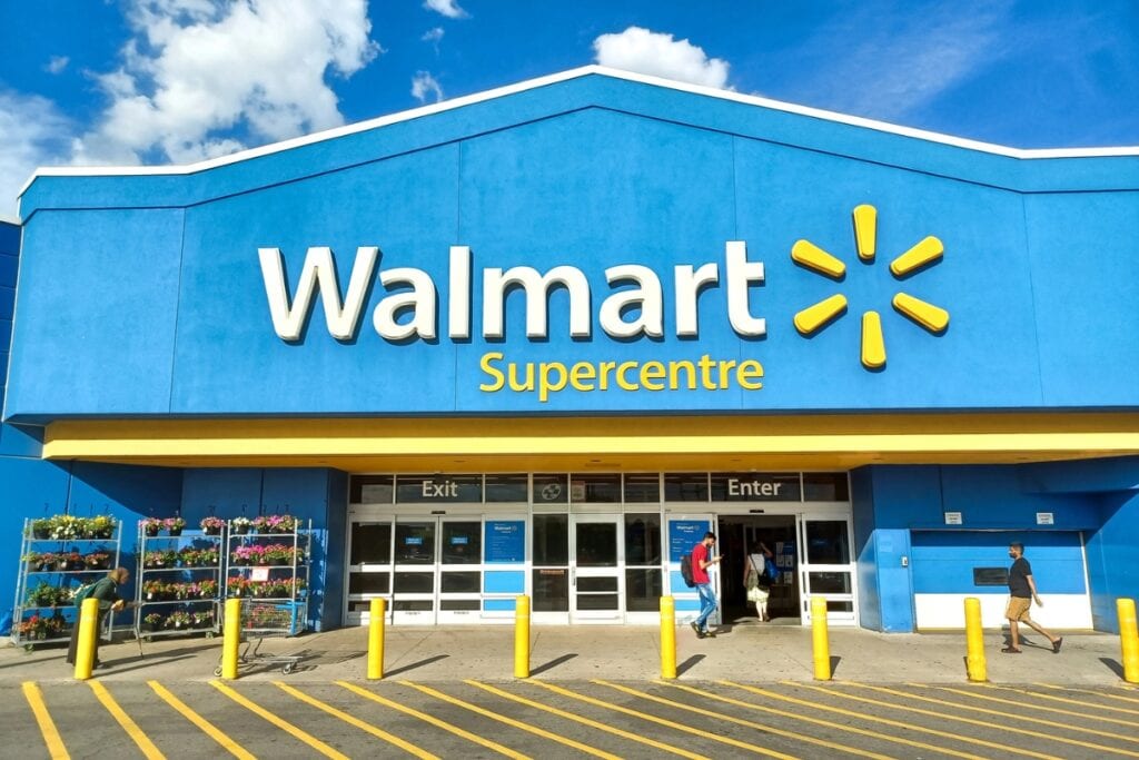 Front view of a Walmart building with the logo.
