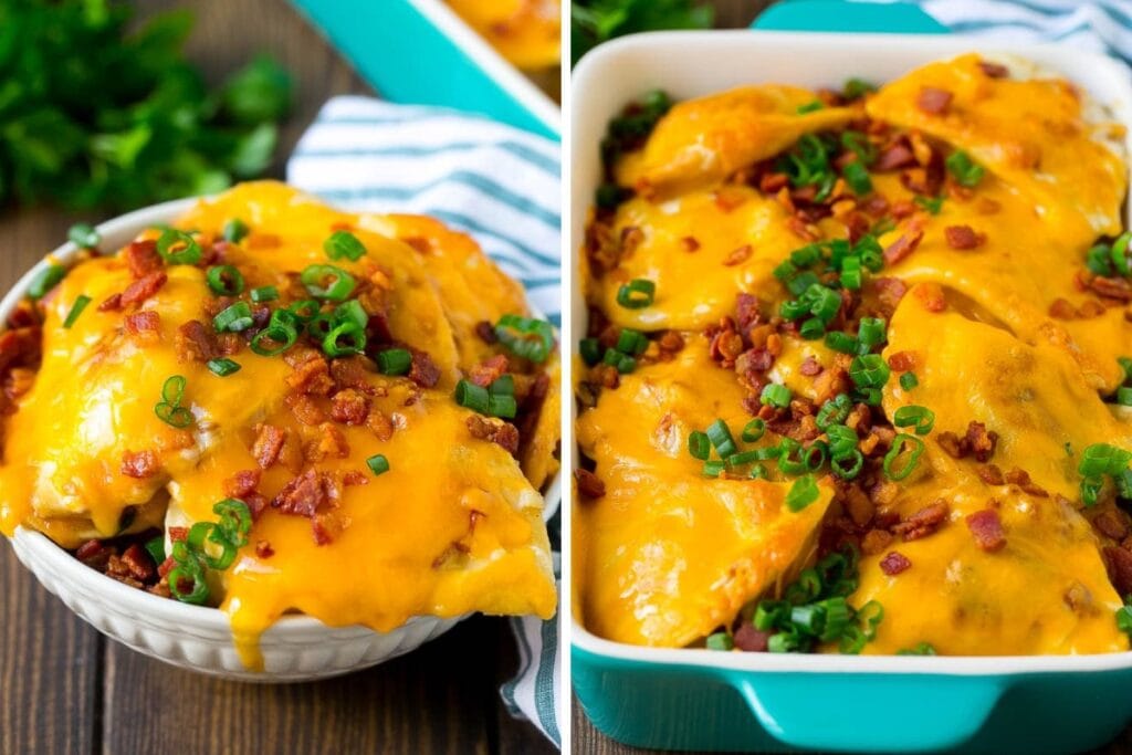 Pierogi casserole in a rectangular baking dish.