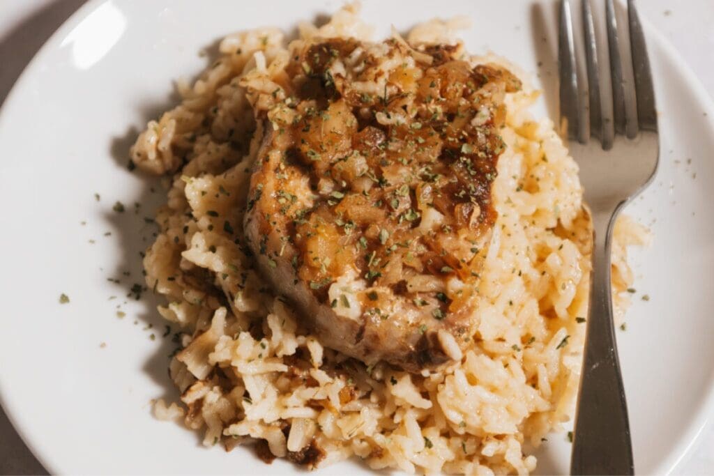 Pork chop and rice served on a white plate.