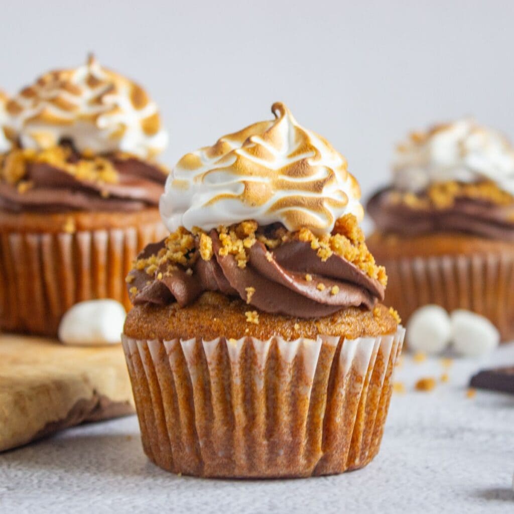 Pumpkin cupcake with toasted marshmallow frosting on a cement counter.