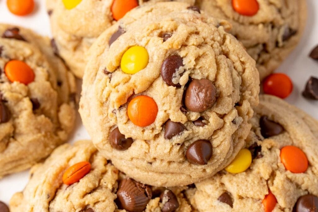 Peanut butter cookies topped with colorful Reese's Pieces candies.