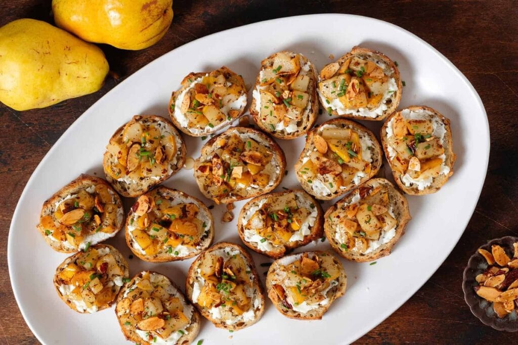 Close-up of roasted pear crostini.