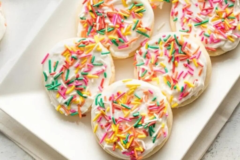 Soft frosted sugar cookies arranged on a rectangular white plate, topped with colorful sprinkles.