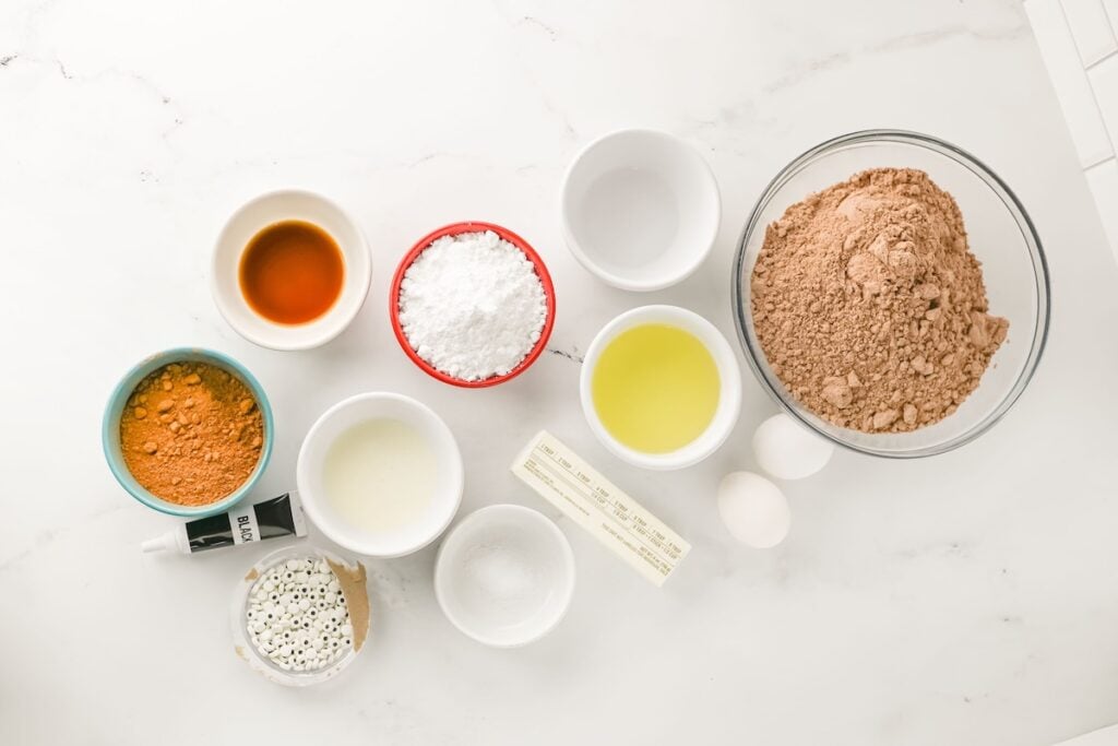 Ingredients for spell book brownies on a white surface.