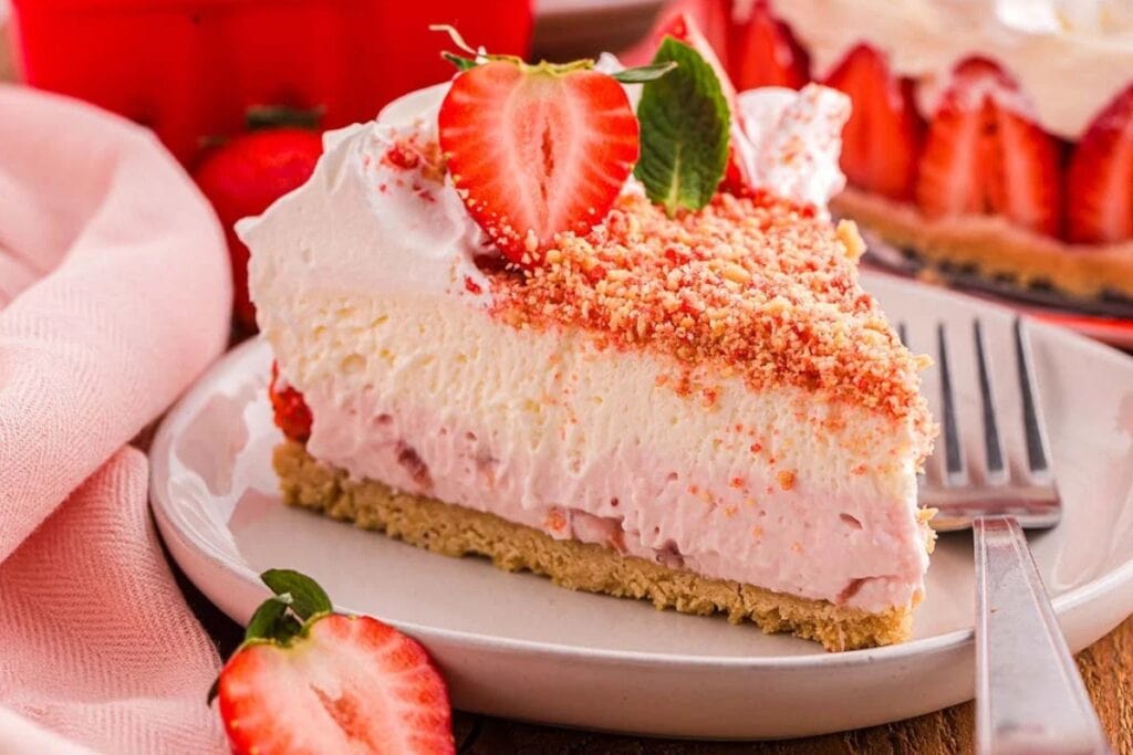 Slice of strawberry shortcake cheesecake on a plate, topped with fresh strawberries and crumbs.
