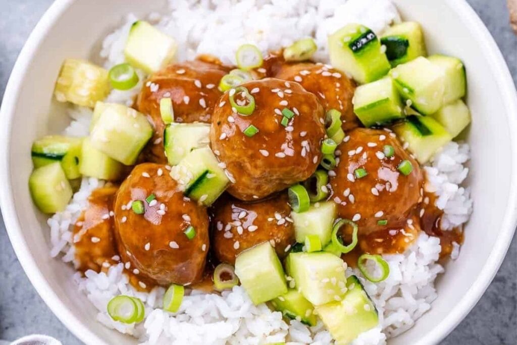 Teriyaki turkey meatballs in a bowl.