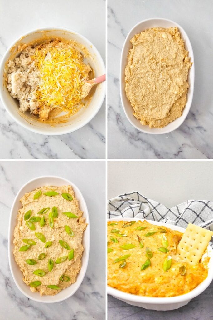 Hot crab dip in a rectangular baking dish, garnished with green onion.