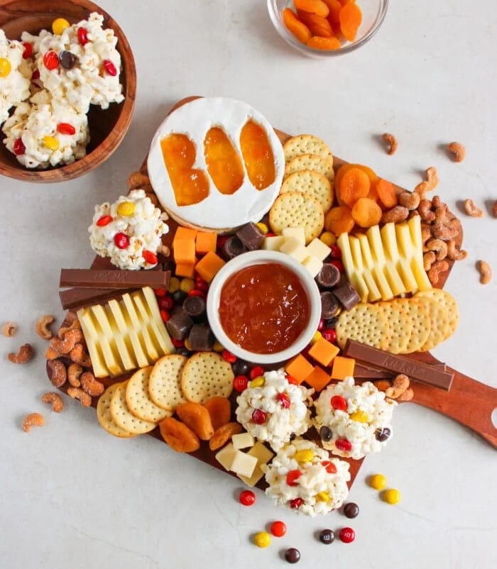 Popcorn charcuterie board for Halloween.