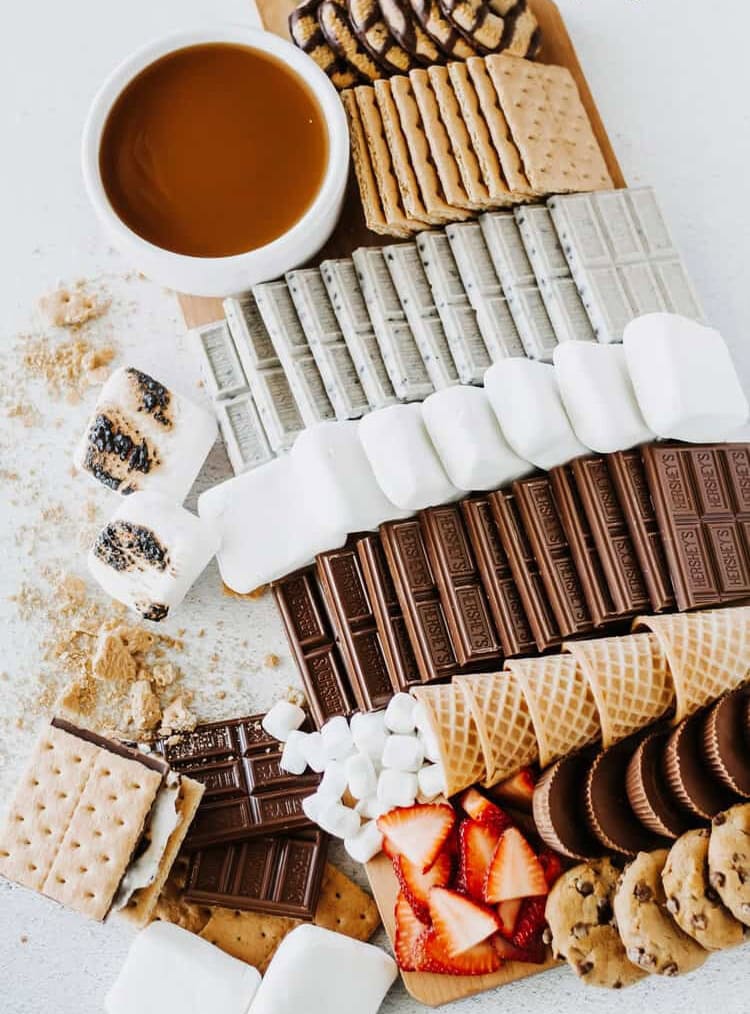 S'mores charcuterie board close up shot.