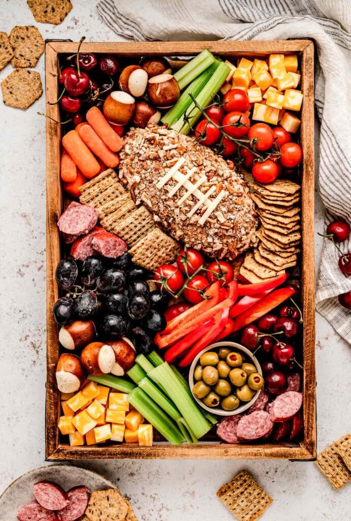 Football charcuterie board top shot.