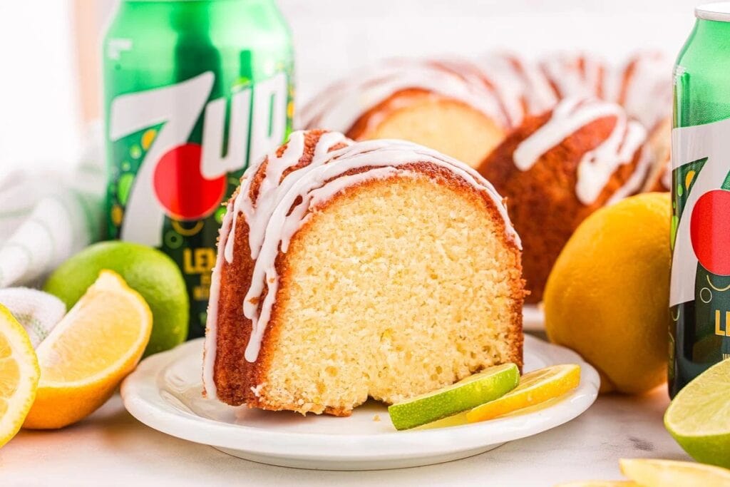 Slice of 7UP pound cake on a plate.