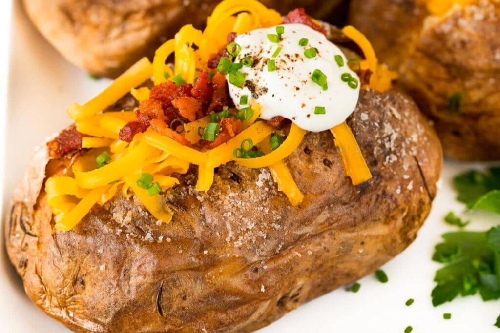 Close up shot of air fryer baked potatoes.