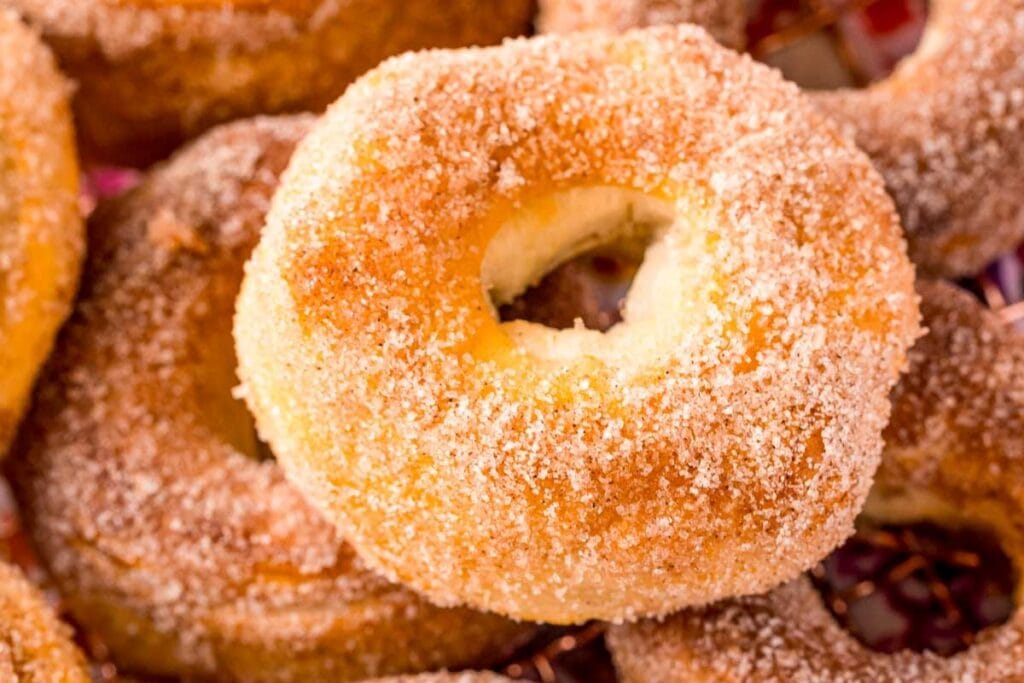 Close up shot of air fryer biscuit donuts.