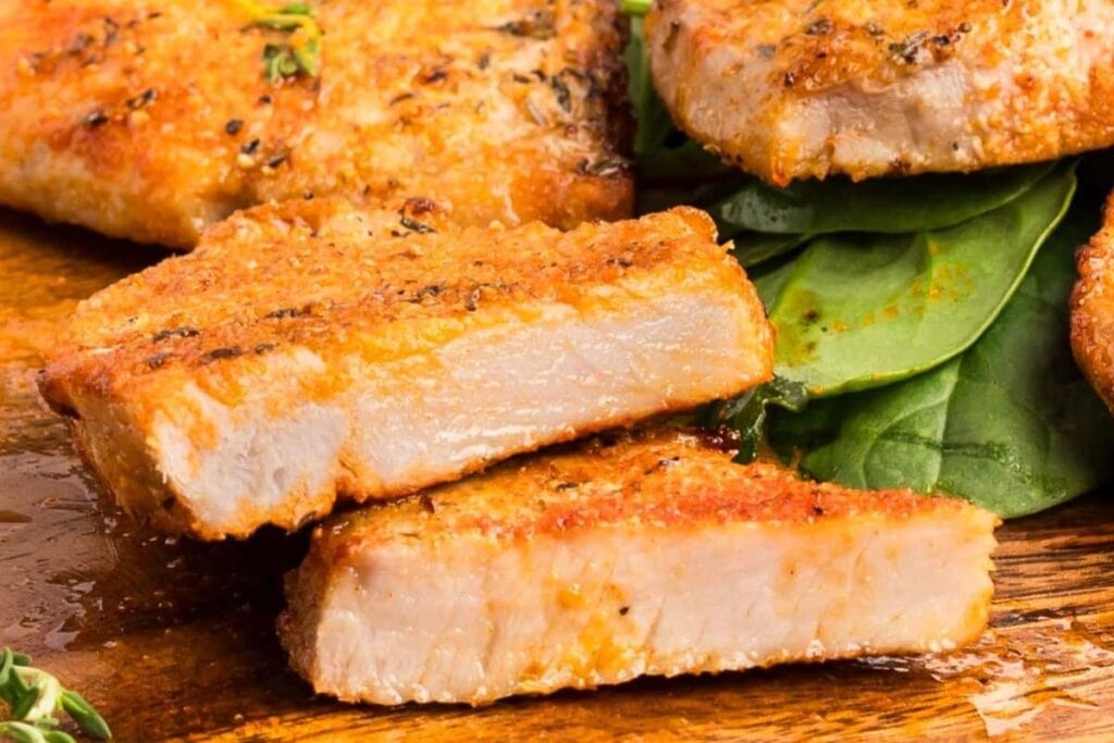 A close up shot of air fryer pork chops.