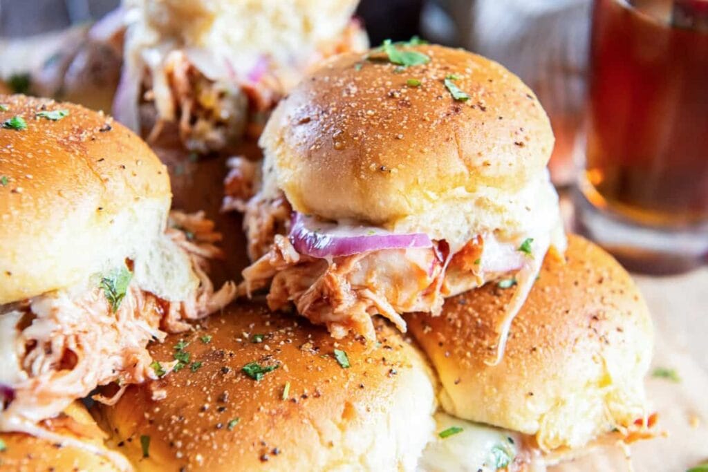 A close up shot of chicken sliders.