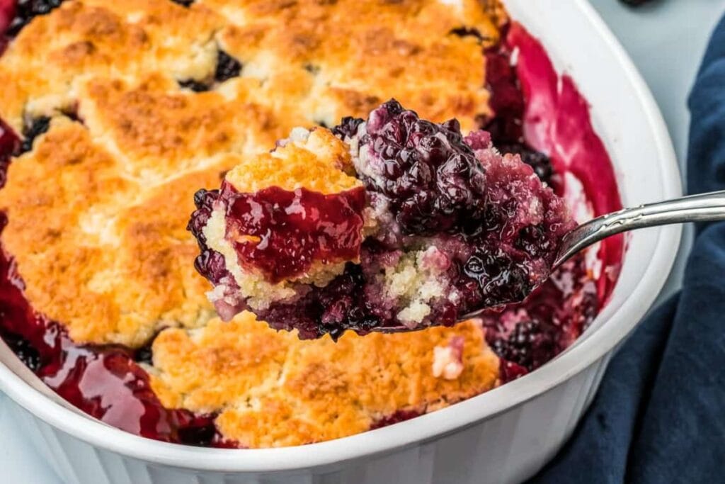 Close up shot of blackberry cobbler.