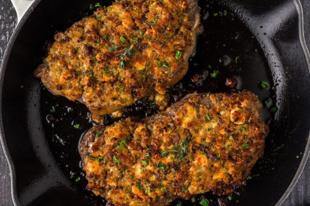 Crusted steak close up shot.