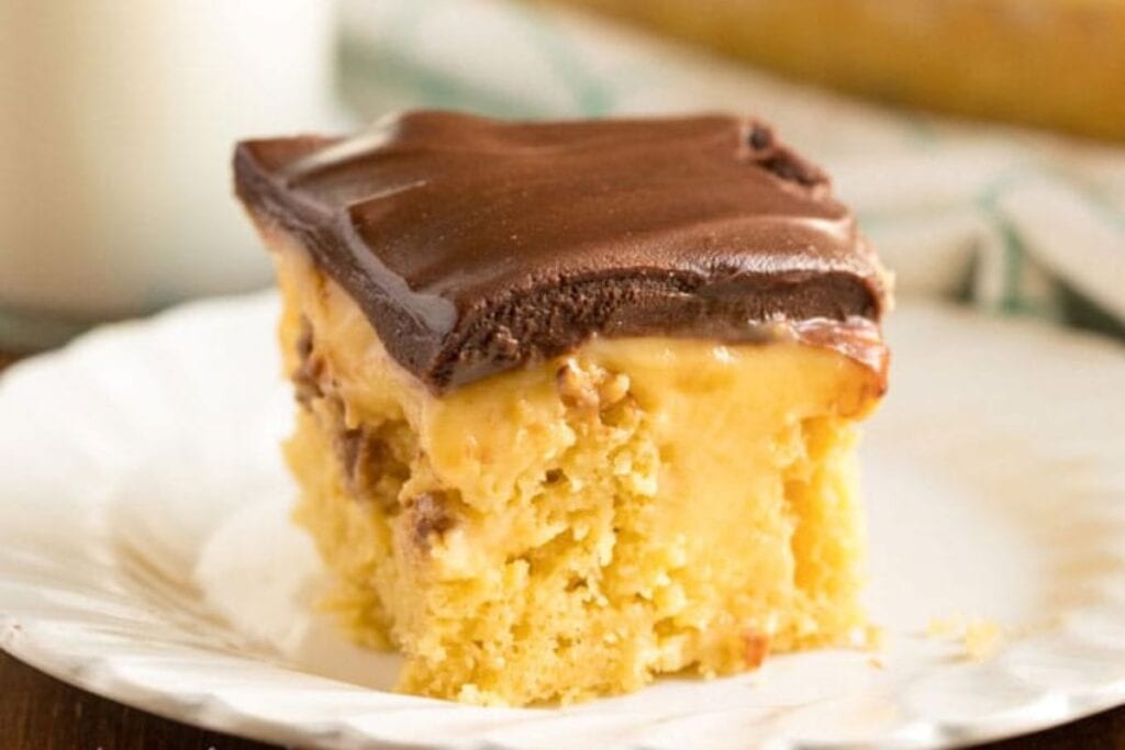 A slice of poke cake.